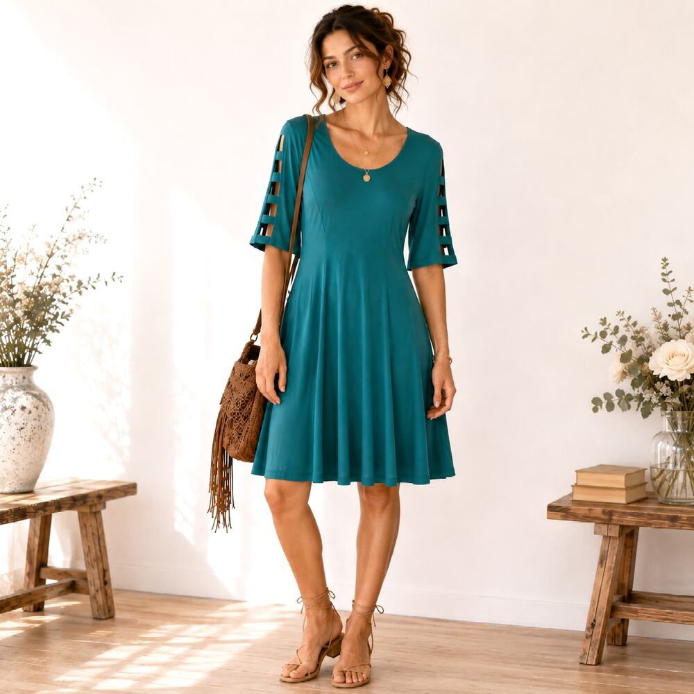 Susan Graver Liquid Knit Dress Women's Size M Teal Sleeveless Detail Office
